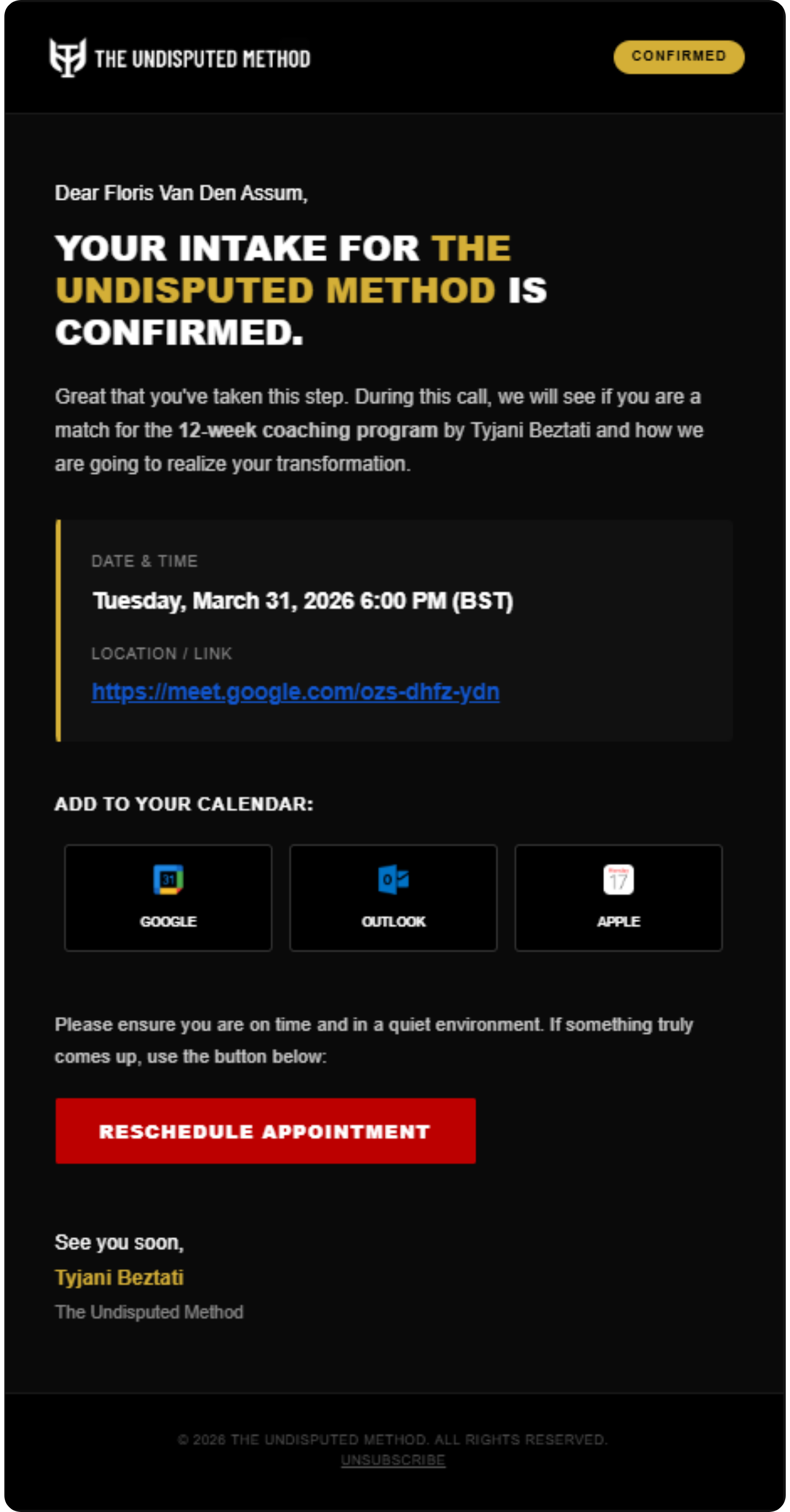 Voorbeeld bevestigingsmail The Undisputed Method